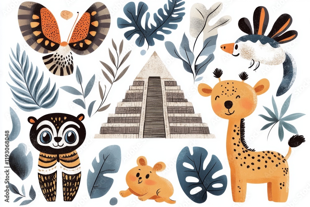 Obraz premium A playful 2D cartoon of Uxmal pyramid surrounded by colorful Aztec symbols and animated jungle animals, set on a bright white background