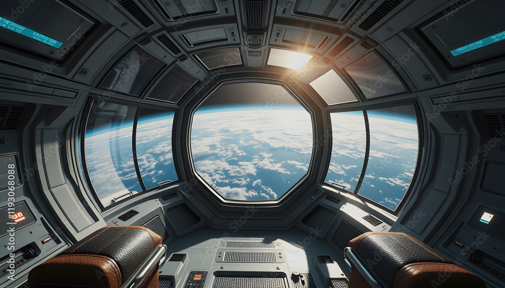 Spectacular spaceship interior with a breathtaking panoramic view of earth through the window, hyperrealism, with white tones Spectacular spaceship interior with a breathtaking panoramic view of earth through the window, hyperrealism, with white tones