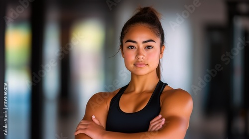 Southeast Asian athletic woman in early twenties with tanned skin dark hair tied back tightly stands proudly with arms crossed against backdrop of modern gym Free Download Southeast Asian athletic woman in early twenties with tanned skin dark hair tied back tightly stands proudly with arms crossed against backdrop of modern gym - GFXLoad