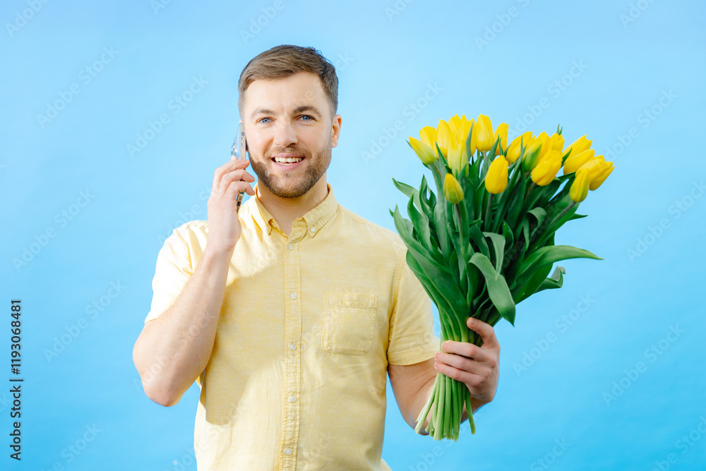 A man is standing while holding a bouquet of colorful flowers in one hand and a cell phone in the other hand. A man is standing while holding a bouquet of colorful flowers in one hand and a cell phone in the other hand.