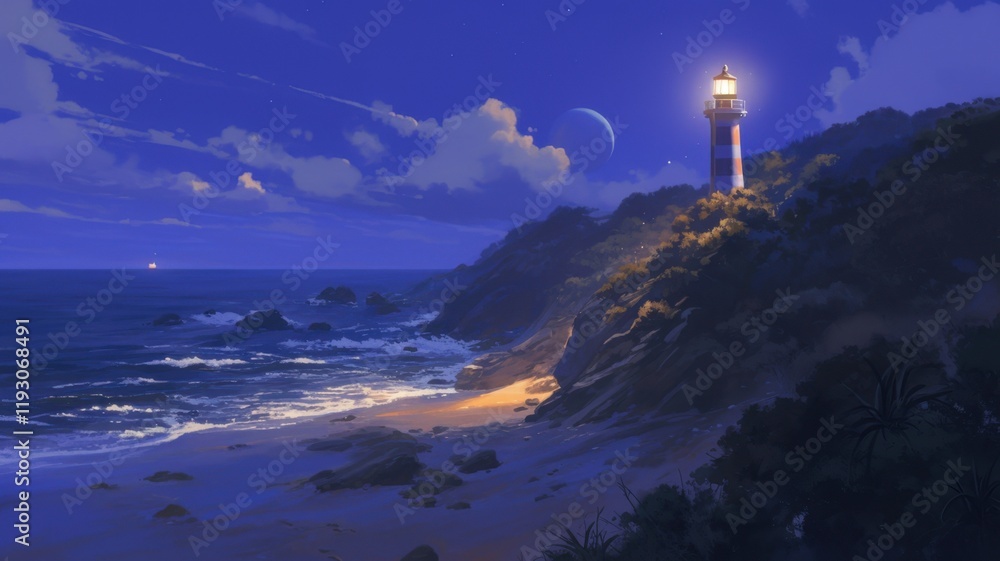 Lighthouse on the beach at night. anime style Lighthouse on the beach at night. anime style