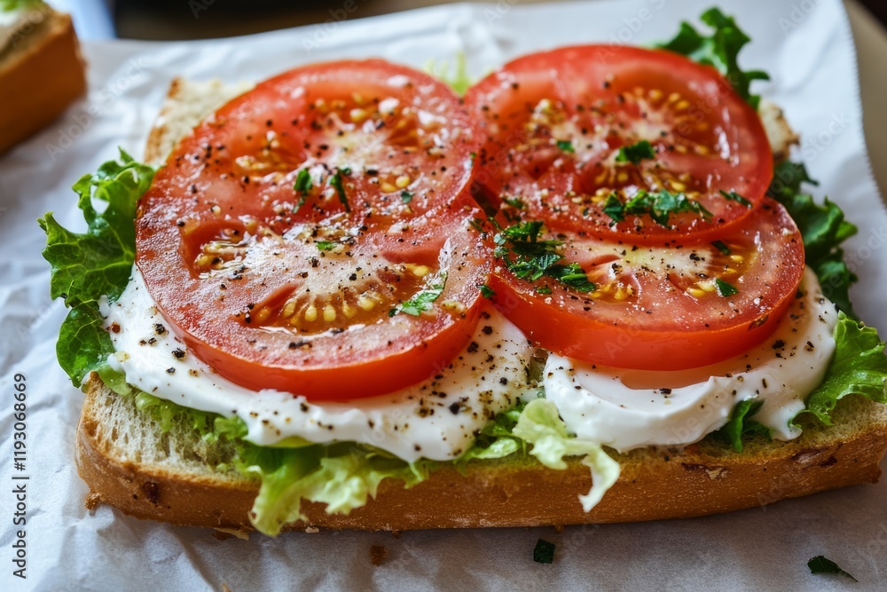 an open-faced sandwich with sliced tomatoes and lettuce on top of it. an open-faced sandwich with sliced tomatoes and lettuce on top of it.