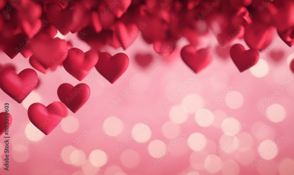 Romantic scene with many red hearts on a dreamy pink bokeh background.
