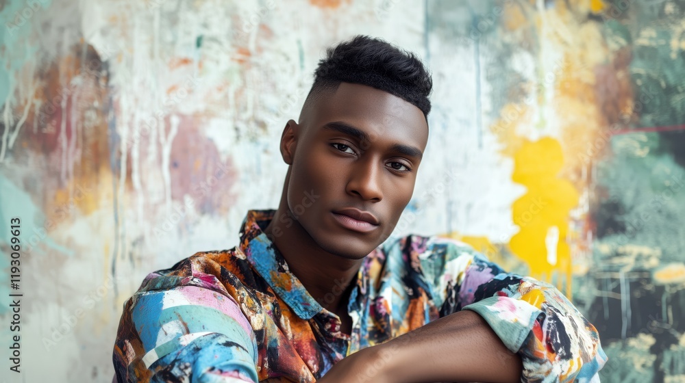 Obraz premium Black man in his mid-20s with short hair soft features wearing oversized colorful shirt sits against wall painted with beautiful abstract art