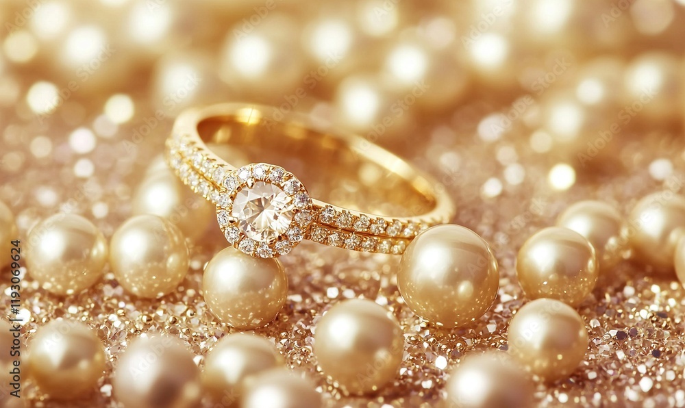 Gold diamond ring on pearls and glitter, ideal for jewelry or wedding ads. Gold diamond ring on pearls and glitter, ideal for jewelry or wedding ads.