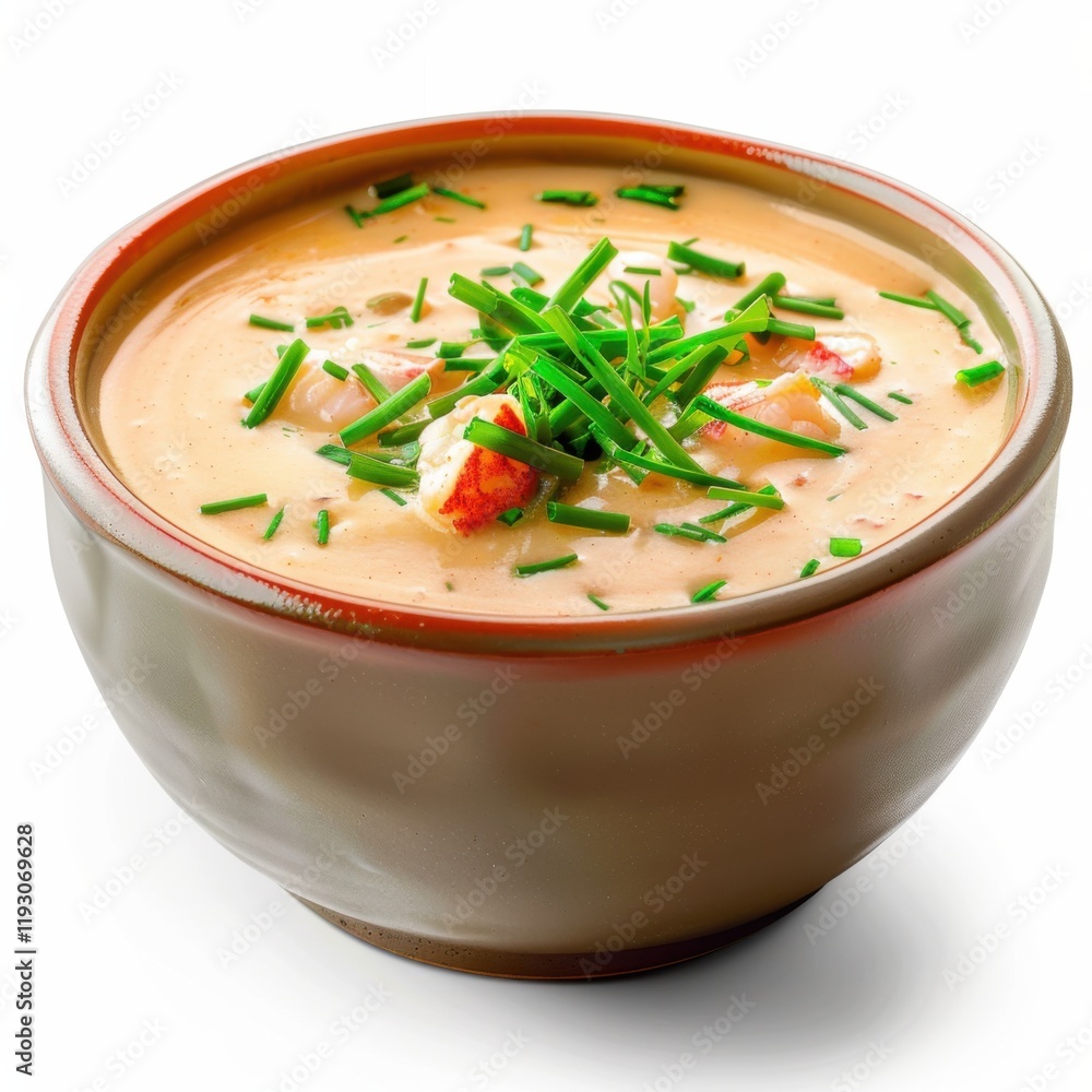 A bowl of creamy lobster bisque soup garnished with chives, isolated white background, impressionist art style A bowl of creamy lobster bisque soup garnished with chives, isolated white background, impressionist art style