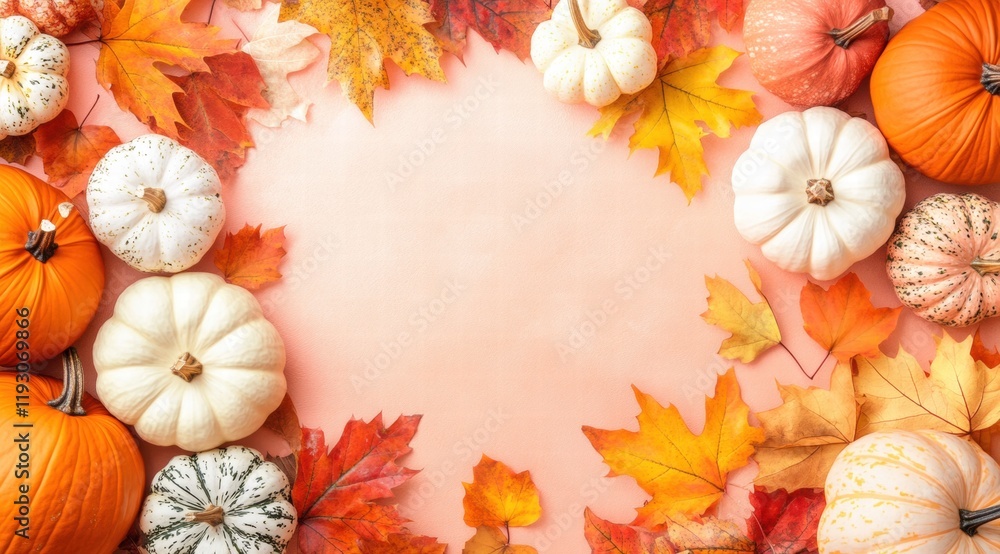Autumn background with pumpkins and fall leaves on a peach-colored surface, top view. Autumn background with pumpkins and fall leaves on a peach-colored surface, top view.