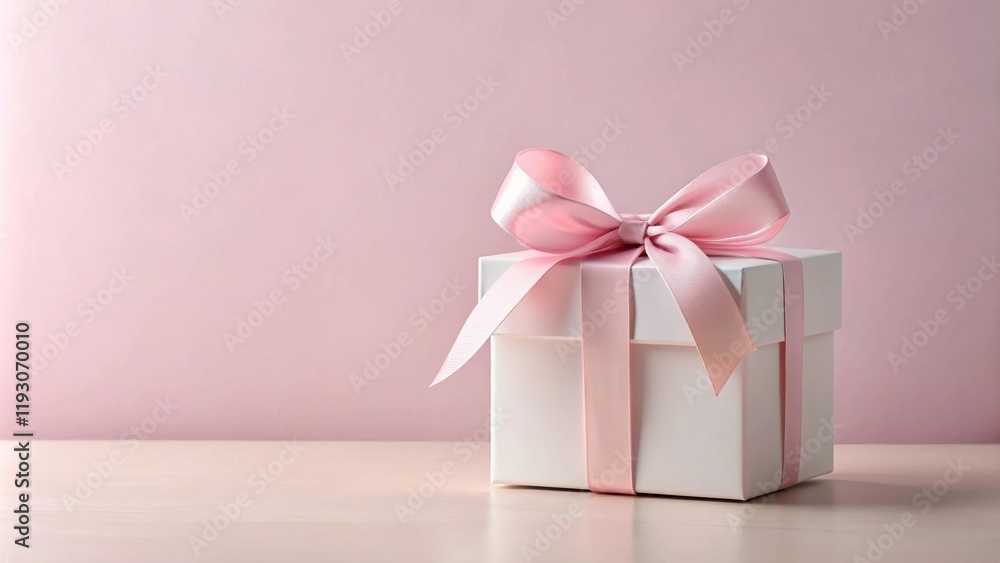 A delicately tied pink ribbon adorns a pristine white gift box, resting on a pale surface against a soft pink backdrop. A delicately tied pink ribbon adorns a pristine white gift box, resting on a pale surface against a soft pink backdrop.