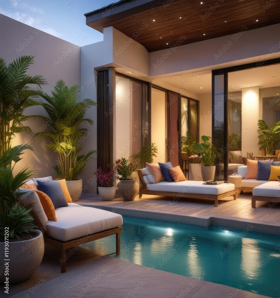 Fototapeta premium A luxurious balcony with a private pool and outdoor lounge furniture, pool, balcony, luxury decor