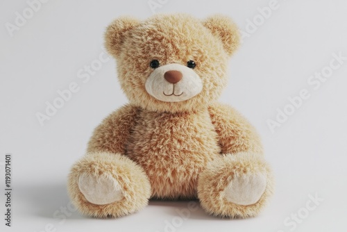 Soft teddy bear with gentle smile, inviting warmth and comfort.
