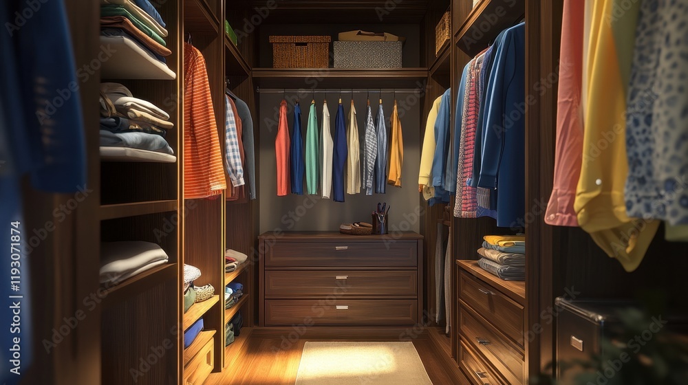 Well-organized walk-in closet with various clothes. Ideal for websites showcasing home organization, interior design, or fashion. Well-organized walk-in closet with various clothes. Ideal for websites showcasing home organization, interior design, or fashion.