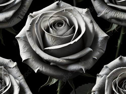 Little open White rose in prospective , background is dark, black 8k, copy the comic style of comic artist with emphasis on dark lines, dark tones, dark gritty photo