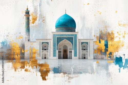 A simplified graphic of the Gur-e-Amir Mausoleum, using bold outlines and vibrant shades of blue and gold on a clean background photo