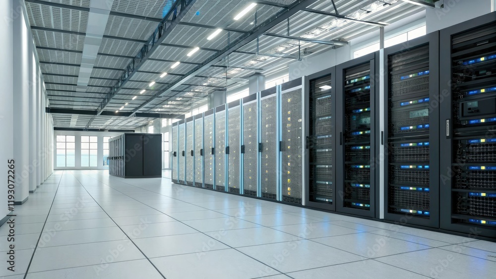 Naklejka premium 3D rendering of a futuristic data center, server rooms, digital assets