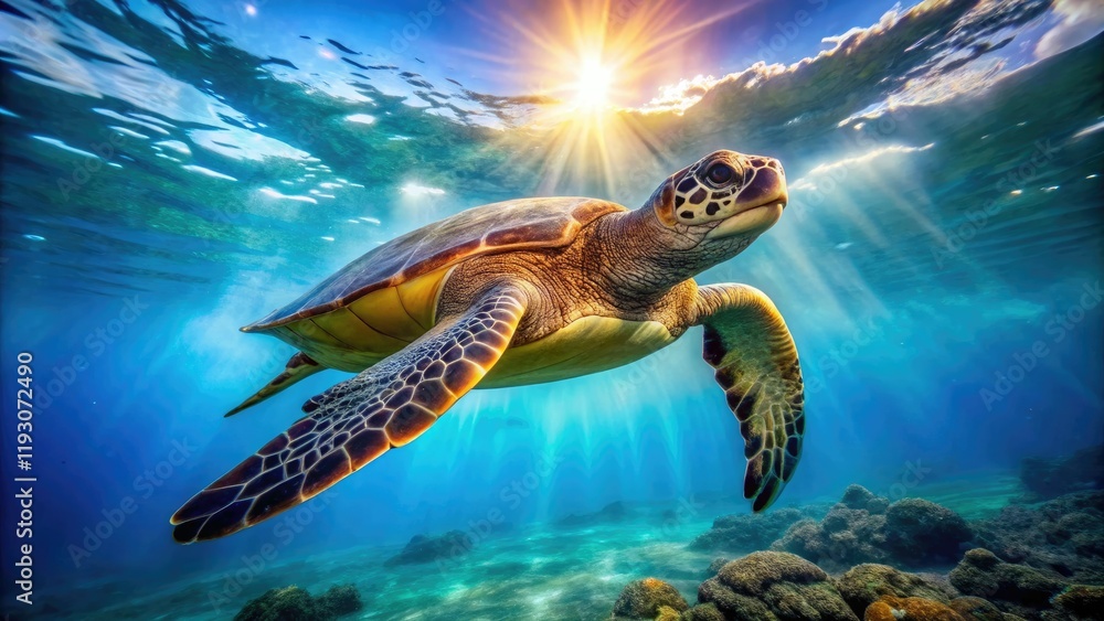 Obraz premium A majestic sea turtle gliding effortlessly through the open ocean on a sunny day, clear water, sunlit ocean, aquatic creature, underwater scene