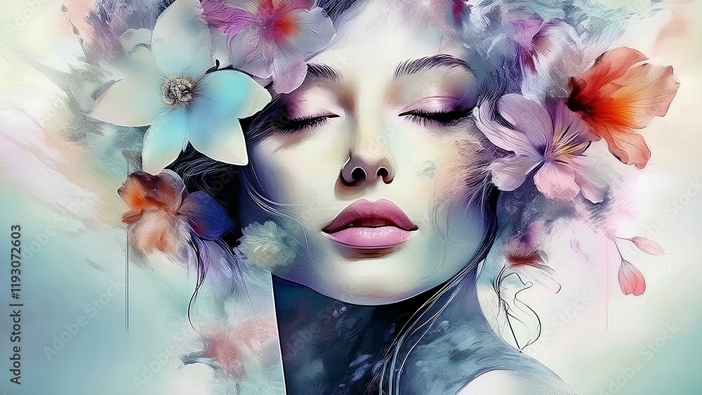 The image is an artistic depiction of a woman's face mixed with blooming flowers, creating a surreal fusion of nature and beauty. The soft pastel tones add a dreamy and ethereal quality. The image is an artistic depiction of a woman's face mixed with blooming flowers, creating a surreal fusion of nature and beauty. The soft pastel tones add a dreamy and ethereal quality.