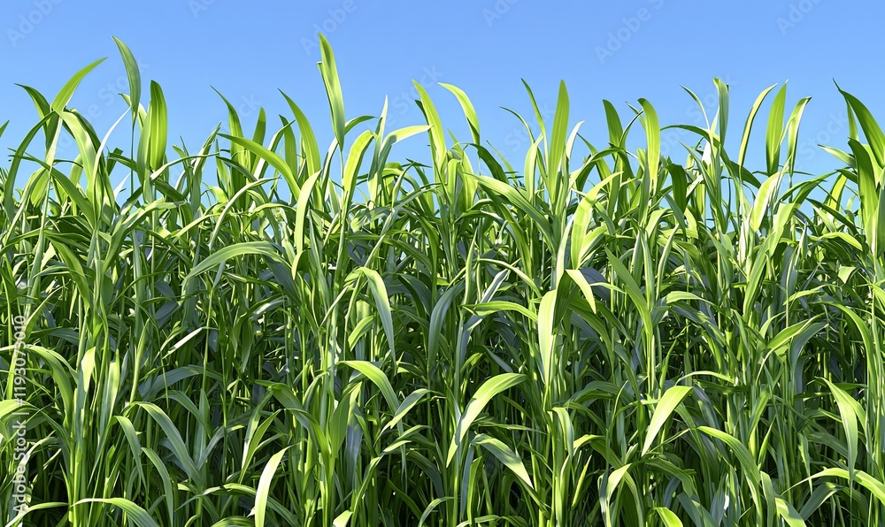 Lush green grass field under clear blue sky, ideal for nature backgrounds. Lush green grass field under clear blue sky, ideal for nature backgrounds.