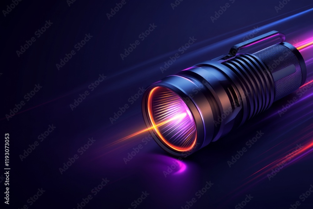 A sleek icon of a UV flashlight with light rays drawn as simple lines and glowing accents in purple tones