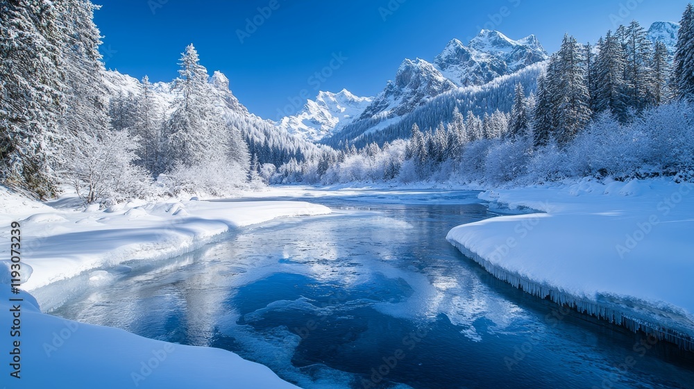 Obraz premium Frozen expanse nestled amidst the towering Alps, where ice and snow intertwine to paint a picturesque winter wonderland.