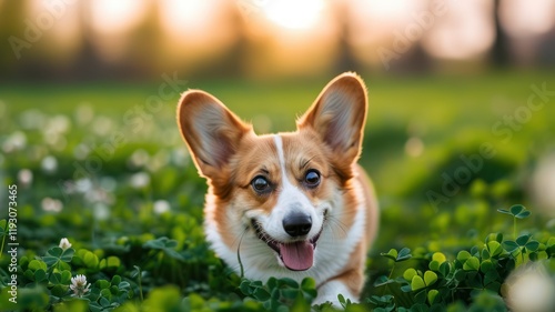 Playful corgi enjoying a sunny day in a green field with clover blooms  Perfect for pet themed promotions photo