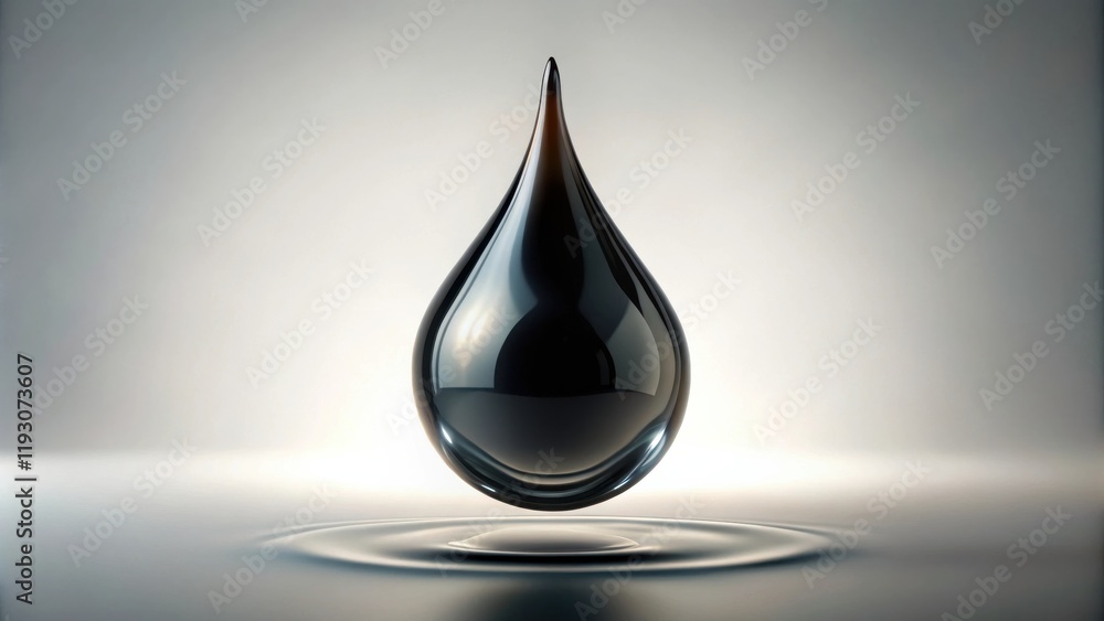 Fototapeta premium A single drop of dark liquid, perfectly formed, rests on a reflective surface, creating a ripple effect.