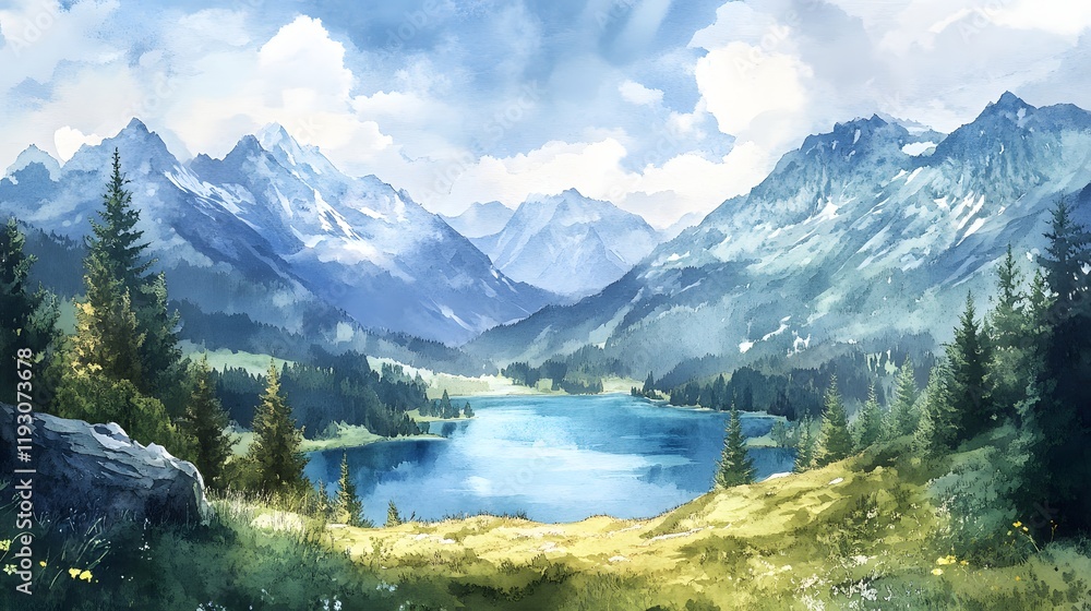 Obraz premium Serene Mountain Lake Alpine Vista Breathtaking Scenery