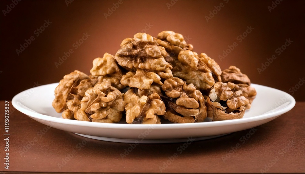 walnuts on table, isolated brown background, copy space walnuts on table, isolated brown background, copy space