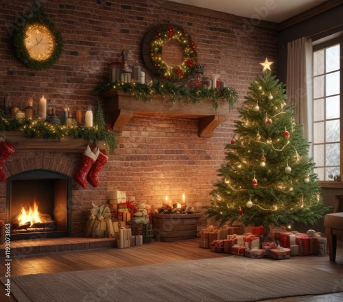 Wallpaper Mural A beautifully decorated Christmas tree in front of a brick fireplace, icicles, christmas tree, mistletoe Torontodigital.ca