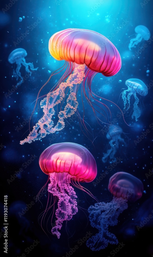 Vibrant and Colorful Jellyfish Swimming Gracefully in a Deep Ocean Environment with Mystical Blue Light Vibrant and Colorful Jellyfish Swimming Gracefully in a Deep Ocean Environment with Mystical Blue Light