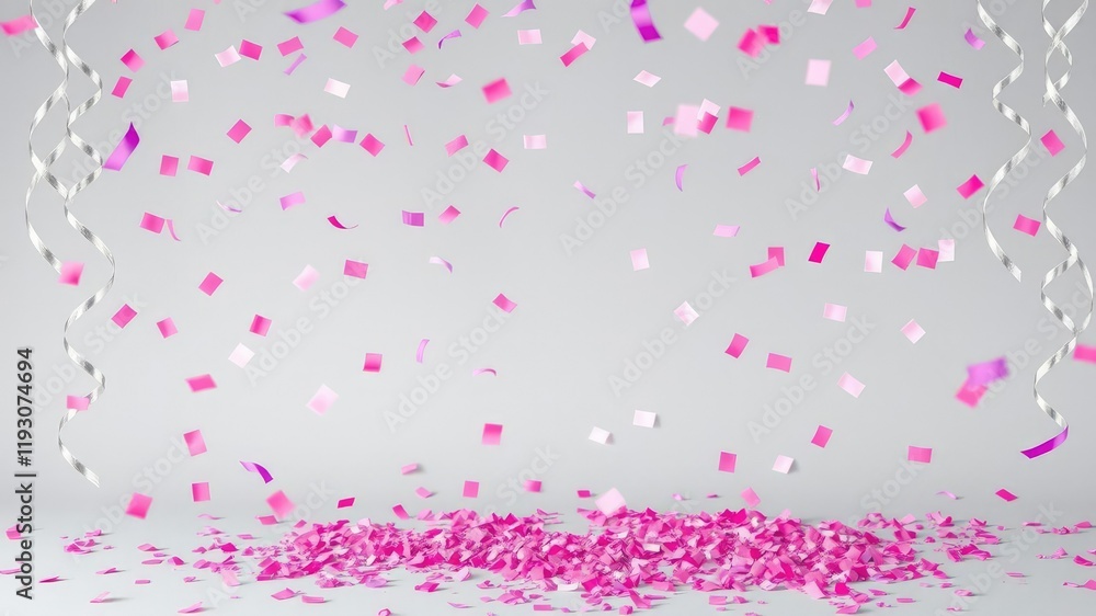 A mix of pink and purple confetti falling gently on a gray background with silver streamers, gray, elegant, fall A mix of pink and purple confetti falling gently on a gray background with silver streamers, gray, elegant, fall