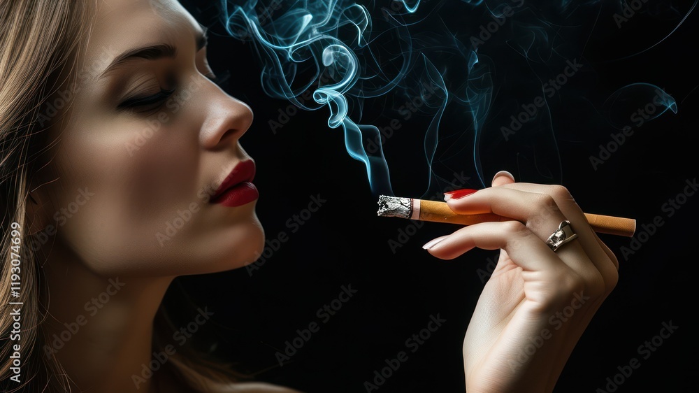 Obraz premium Profile of woman smoking cigarette, exuding elegance and mystery, embodies stylish lifestyle and serene atmosphere