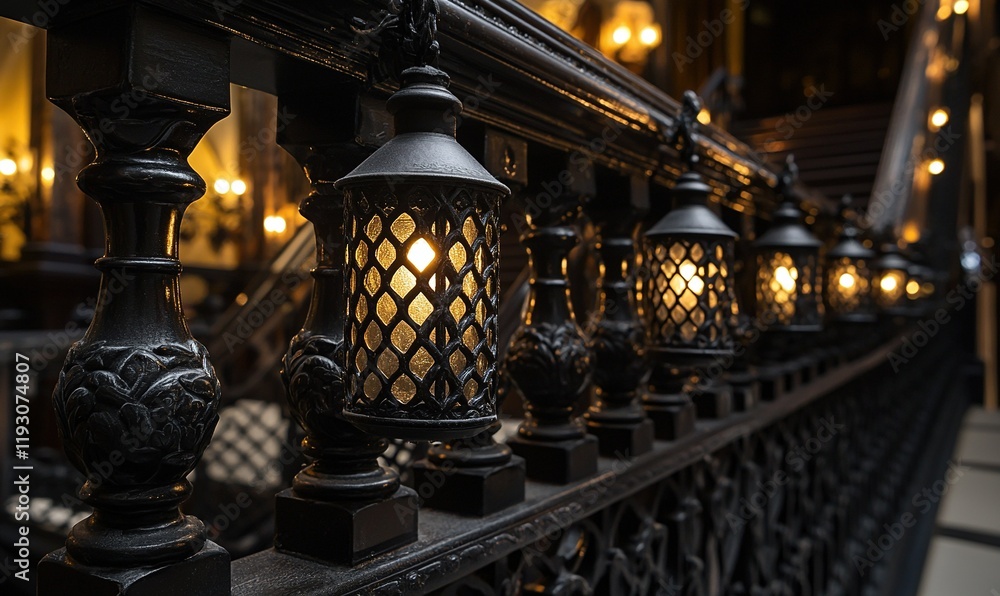 Fototapeta premium Ornate iron railing with glowing lanterns on grand staircase in dimly lit interior.