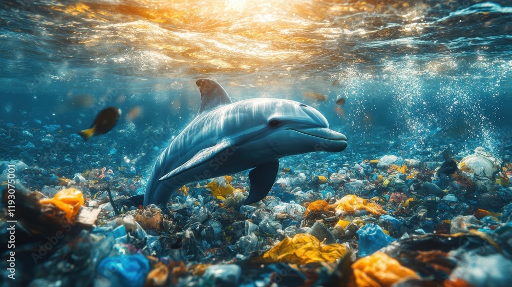 Naklejka premium A dolphin stuck on a rope under the sea with a beautiful light