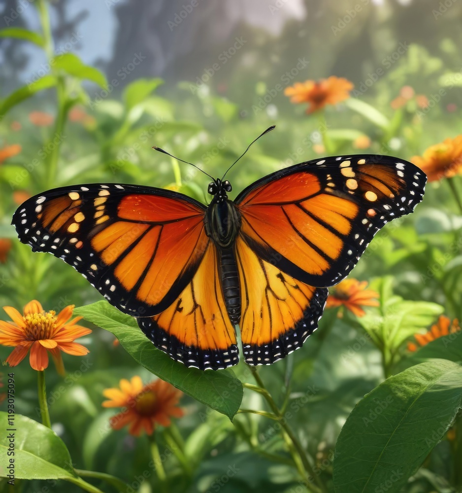 Fototapeta premium a monarch butterfly perched on a leaf in a vibrant meadow, outdoor, green, meadow