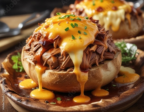 A mouthwatering combination of pulled pork, BBQ sauce, and melted cheese on top of a baked potato, toppings, bbq sauce, meal