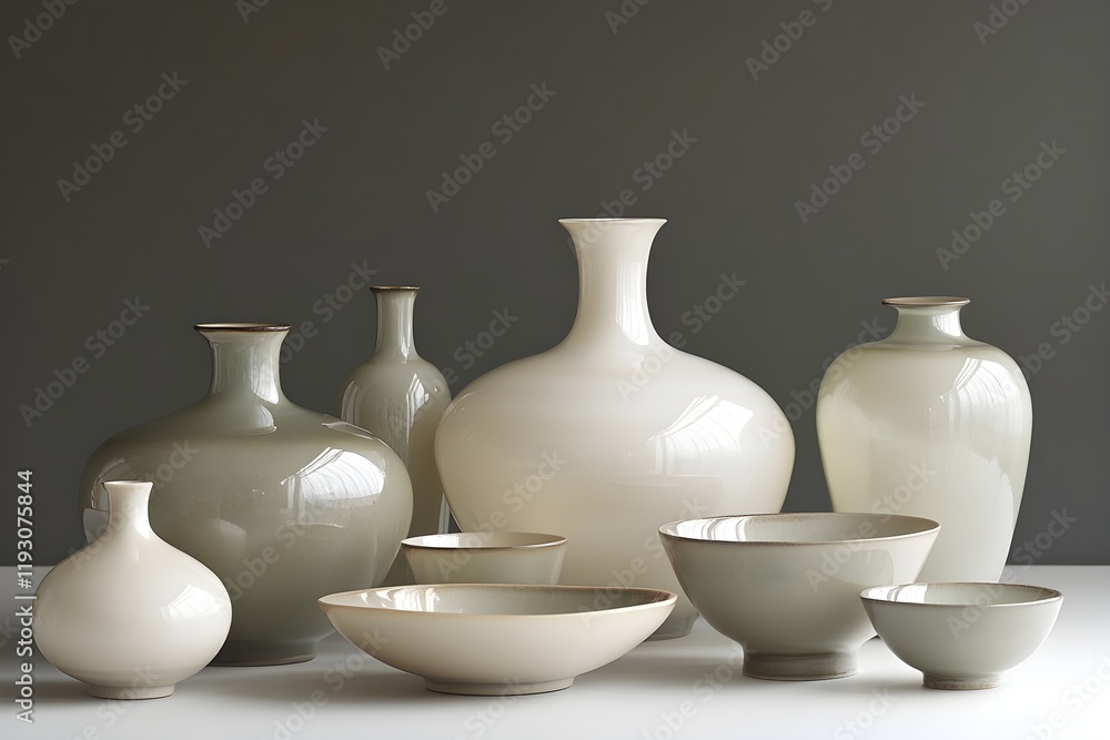 A serene still life featuring a harmonious arrangement of glass vases and ceramic bowls A serene still life featuring a harmonious arrangement of glass vases and ceramic bowls