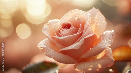 Beautiful close-up of a pink rose adorned with morning dew, capturing the delicate petal texture and gentle sunlight, symbolizing love and purity in nature. photo