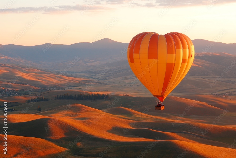 Obraz premium A heart-shaped hot air balloon flying over a scenic landscape, with a couple enjoying the ride