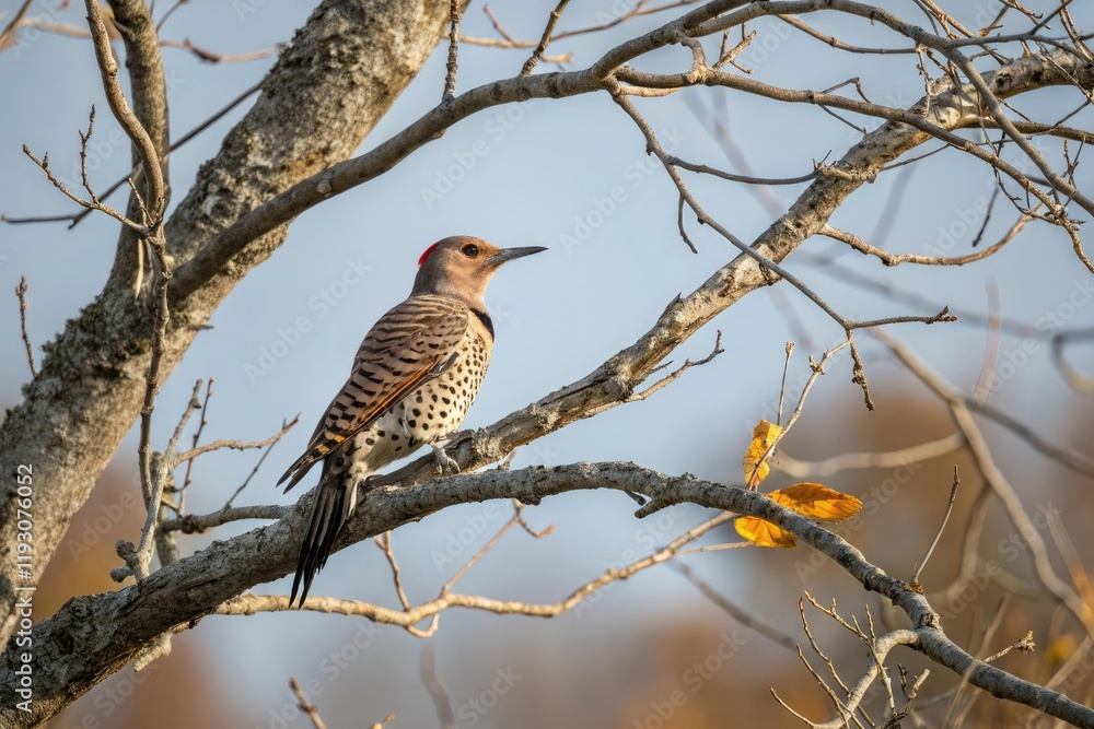 A northern flicker perched on a branch of a deciduous tree with bare branches in autumn, deciduous trees, bird perch A northern flicker perched on a branch of a deciduous tree with bare branches in autumn, deciduous trees, bird perch