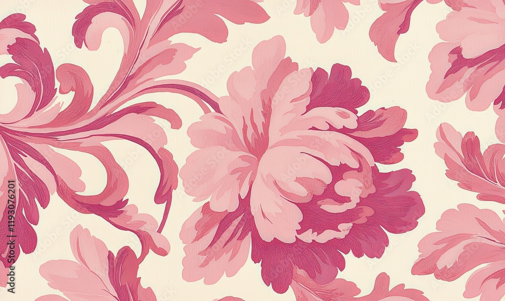 © Resni AI - Pink floral damask pattern on cream background for textile, wallpaper, or packaging. © Resni AI - Pink floral damask pattern on cream background for textile, wallpaper, or packaging.