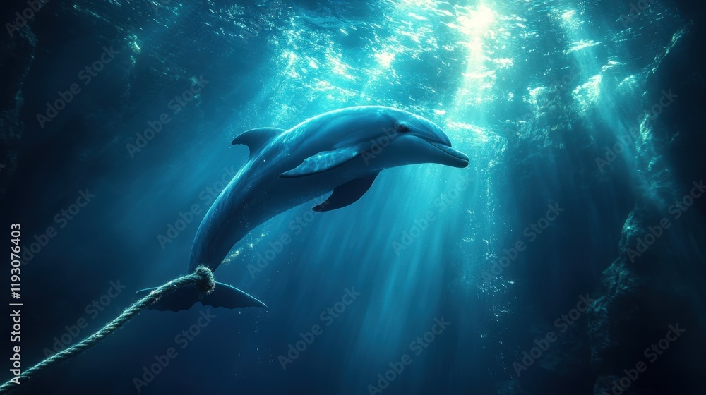 Fototapeta premium A dolphin stuck on a rope under the sea with a beautiful light
