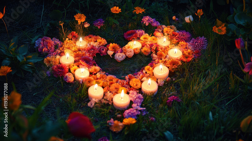 heart shaped mandala made of flowers and candles creates warm ambiance
