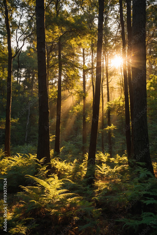 Fototapeta premium Golden hour sunlight through trees in a forest, dappled light