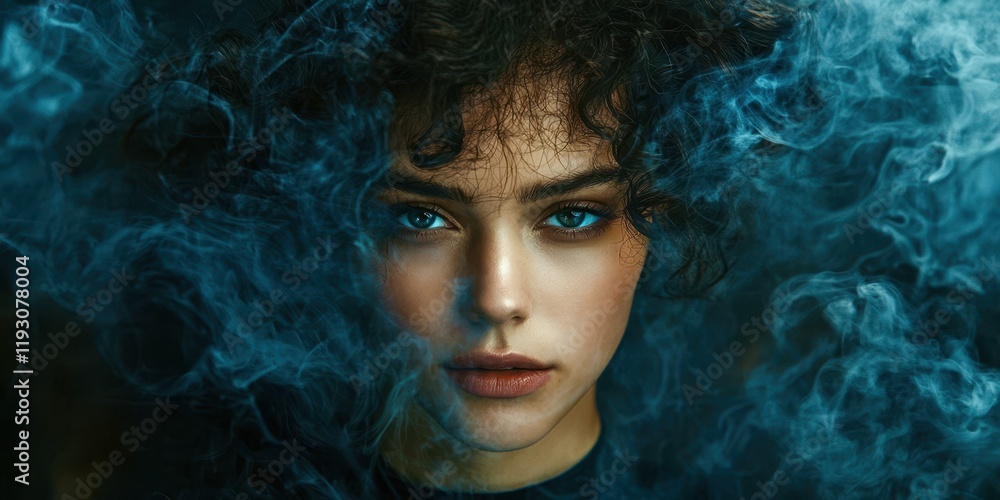 Fototapeta premium Woman with blue eyes and a black shirt is in front of a blue smoke