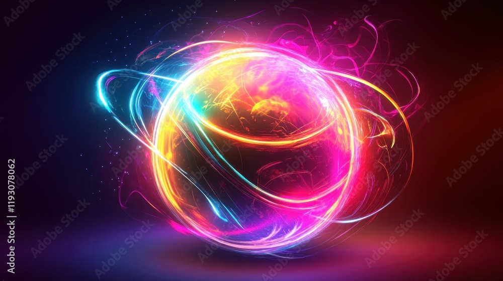 Bright colorful sphere rotating with light trails and particles on dark background Bright colorful sphere rotating with light trails and particles on dark background