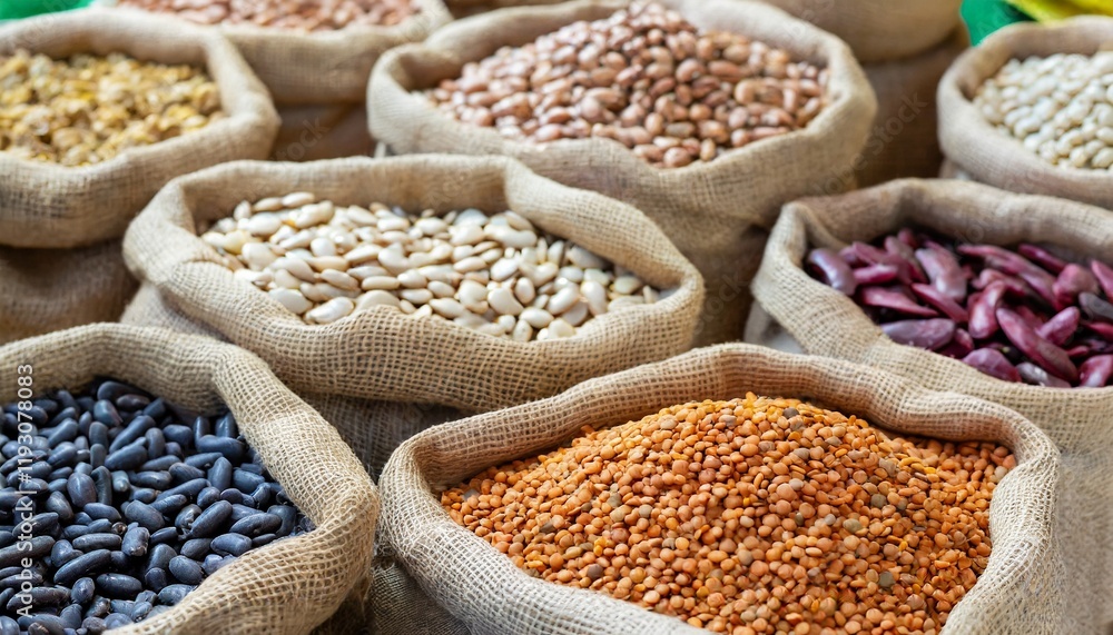 Fototapeta premium A market display featuring bags of different dried beans in sacks at a bazaar