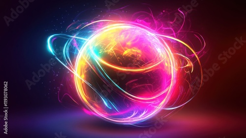 Bright colorful sphere rotating with light trails and particles on dark background