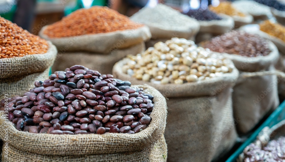 Obraz premium A market display featuring bags of different dried beans in sacks at a bazaar