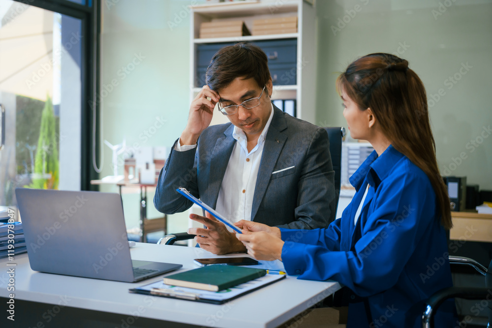 Obraz premium A stressed businessman and woman sit at a desk, overwhelmed by business challenges. They discuss problems,financial pressures, and strategy, seeking solutions to manage work, deadlines, and economic