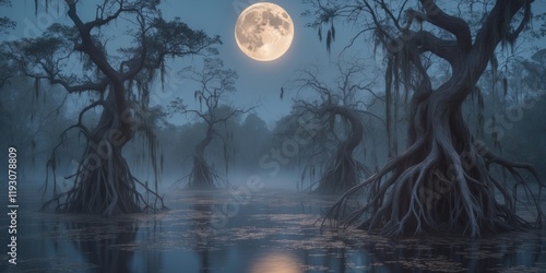 Enigmatic moonlit swamp with glowing waters and spiraling ghostly trees unveils nature s mystery